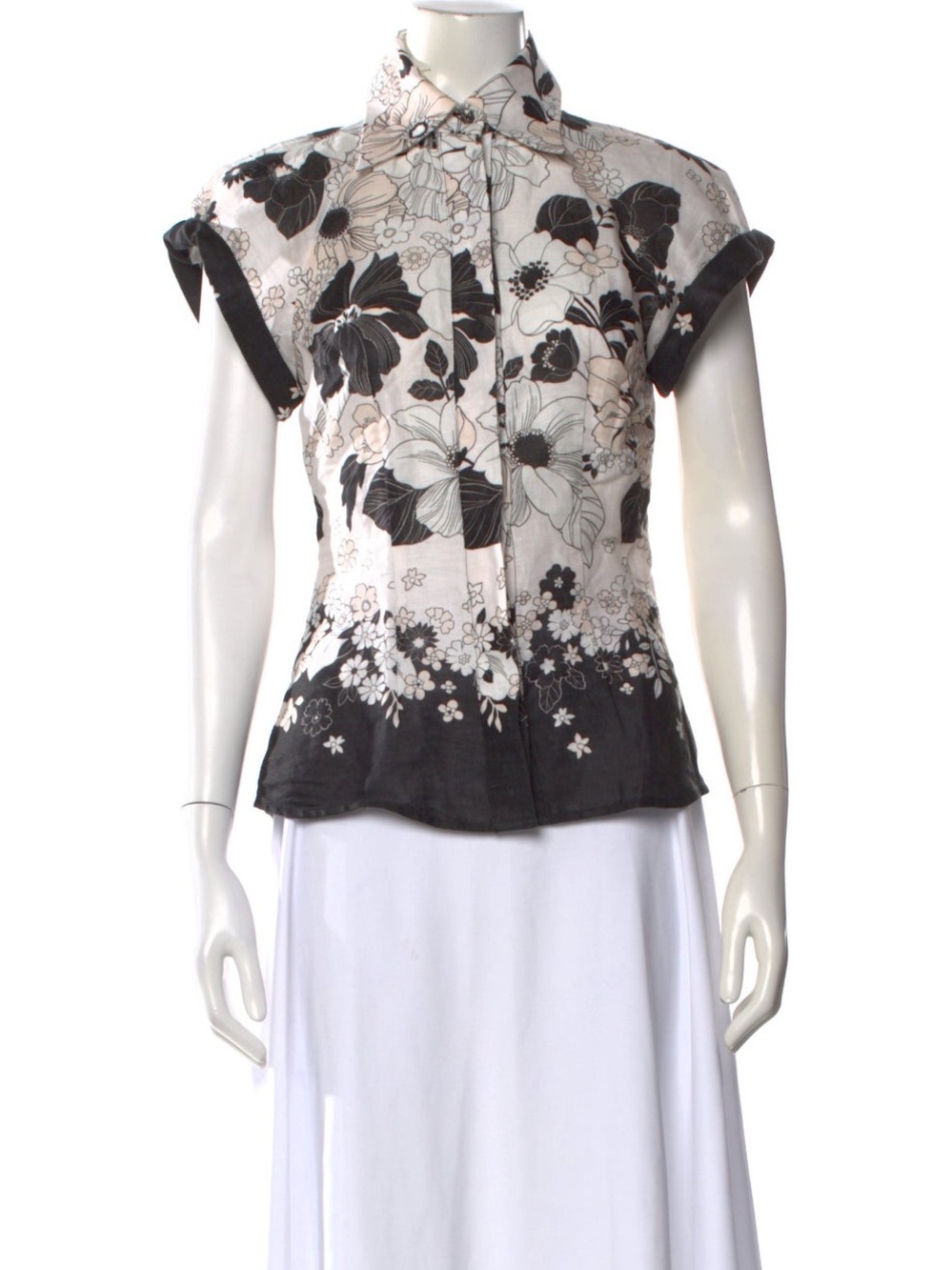 Zimmermann Black & Cream Floral Button-Down Short Sleeve Blouse Sz XS